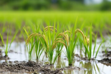 A lush rice field with young plants growing in waterlogged soil.