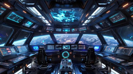 Futuristic spaceship cockpit with advanced controls and Earth view.