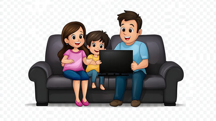 A cheerful family of three, consisting of a woman, a child, and a man, joyfully watching something on a laptop together on a cozy couch.