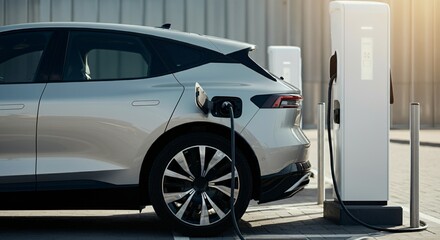 Naklejka premium A sleek electric car charging at a modern charging station