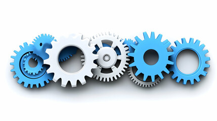Interlocking gears, blue and white cogs, mechanism.