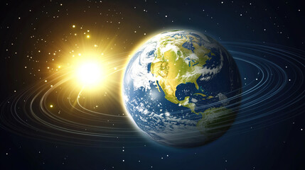 Fototapeta premium Earth axis diagram illustration showing the tilt of the Earth's rotational axis relative to its orbital plane, explaining the cause of seasonal changes and the distribution of sunlight.