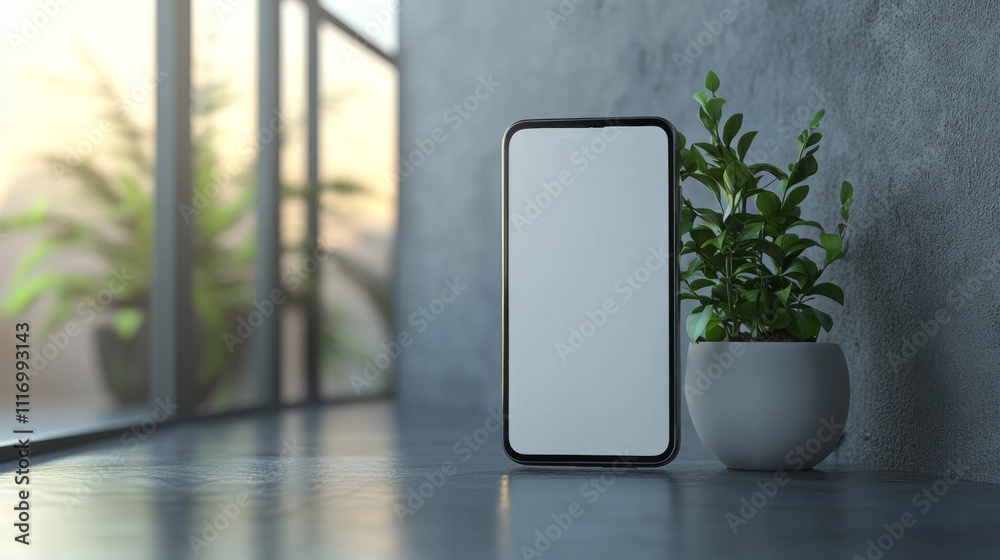 Poster a sleek, blank smartphone sits beside a bright potted plant on a smooth surface, bathed in soft sunl