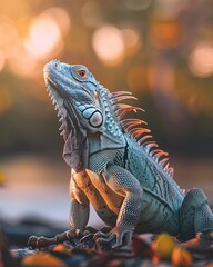 Fototapeta premium iguana on sunlit tree branch with natural forest view ai generated