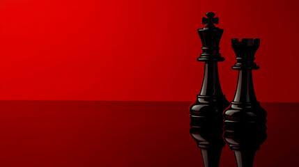 A striking image of a black king and rook chess piece, silhouetted against a bold red backdrop, exuding a sense of strategy and tension.