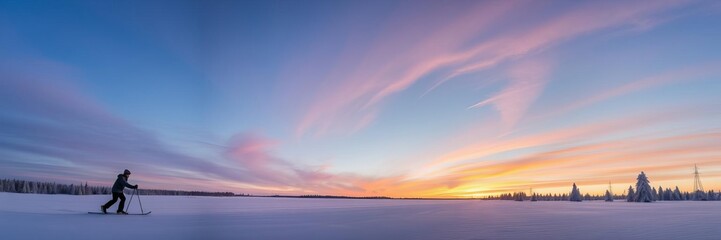 Fototapeta premium Cross country skiers gliding through a snowy winter wonderland in Scandinavia at sunset, with colorful sky, frosty, landscape
