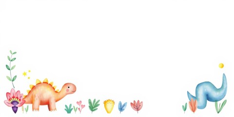 Obraz premium Cute and colorful vector watercolor style illustrations of baby dinosaur characters playing and exploring, perfect for kids' designs and products, character, design