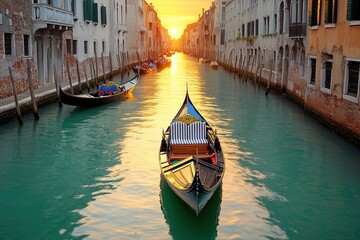 Serenity unfolds as gondolas glide through the enchanting canals of Venice during a mesmerizing sunset, reflecting a timeless harmony of culture and beauty