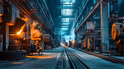 Obraz premium Industrial factory interior with machinery, metal, and molten metal.