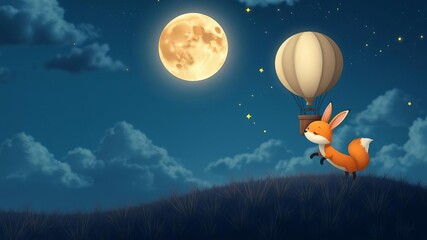 Fototapeta premium Cute fox and bunny happily flying through the sky in a moon-shaped hot air balloon, magical, air balloon