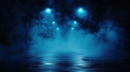 Mysterious Urban Night Street with Blue Neon Lights and Fog