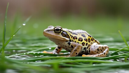 Fototapeta premium Northern leopard frog on green wet grass field
