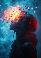 Naklejka premium Headphones and Cloud Music Connection Illustration with Abstract Music Notes