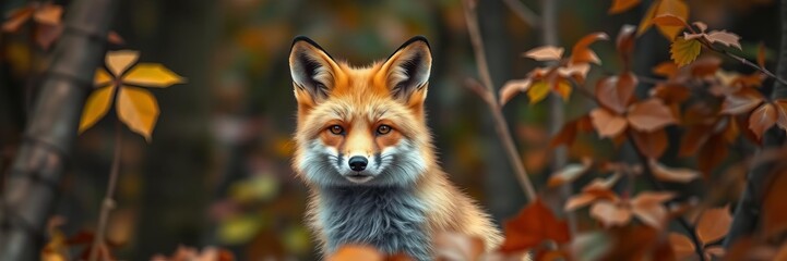 Fototapeta premium Cute red fox running in orange autumn leaves in Czech wildlife scene, autumn leaves, red fox