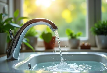 Crystal Clear Water Flowing from a Modern Bathroom Faucet: Capturing the Essence of Morning Light, Water Drops, and Lush Green Plants in a Serene Setting