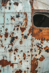 Close-up of a weathered metal surface with rust and peeling paint.