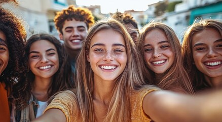 Joyful friends taking group selfie outdoors with smiles in warm sunlight - Youthful community enjoying time together