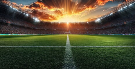 Soccer Match at Sunset in Vibrant Stadium with Fans and Dynamic Lighting