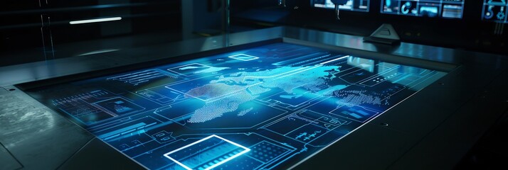 Holographic map interface projected onto a table in a futuristic control center
