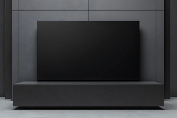 Fototapeta premium A minimalist black television mounted on a sleek, dark console in a modern interior.