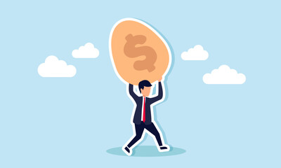 A businessman runs holding an egg labeled with a dollar sign, illustration of securing the potential of a profitable business project