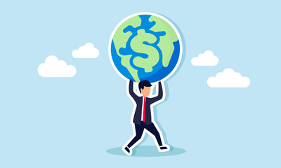 A businessman runs holding a globe with islands shaped like dollars, illustration of securing a profitable business project location