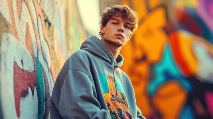 Fototapeta premium Young Man Posing in Front of a Colorful Graffiti Wall