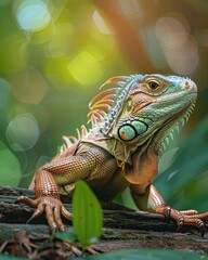 Fototapeta premium iguana on sunlit tree branch with natural forest view ai generated