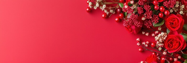 Vibrant Closeup of Fresh Red Roses and Floral Accents Against a Bold Red Background for Stunning Visual Impact