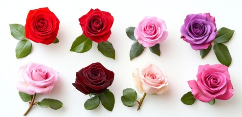 Fototapeta premium Eight roses of different colors arranged on a white background.