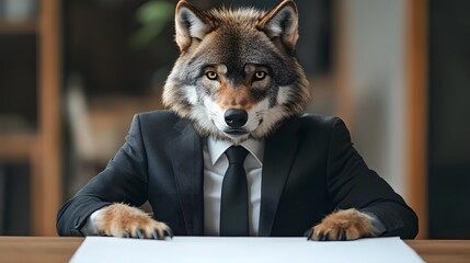 A wolf in a business suit, standing at a desk, with an empty area in the background for text
