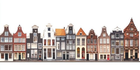 Fototapeta premium Row of old, colorful houses with black framed windows and doors.