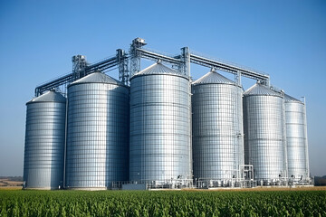 Obraz premium Modern grain silos in a vast agricultural field under a clear blue sky.