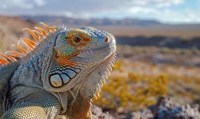 Fototapeta premium iguana on sunlit tree branch with natural forest view ai generated
