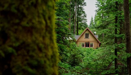 숲속의 작은 오두막 나무 사이에 숨겨진 듯 자리 잡은 오두막과 그 주변의 울창한 초록 나무들