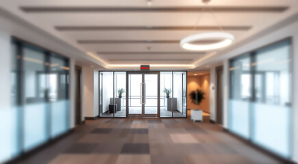 Obraz premium A bright, contemporary open-plan office space with glass partitions, neutral tones, and natural light softly blurred to emphasize a professional and corporate aesthetic.
