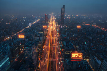 Naklejka premium Night cityscape with illuminated highway and skyscrapers.