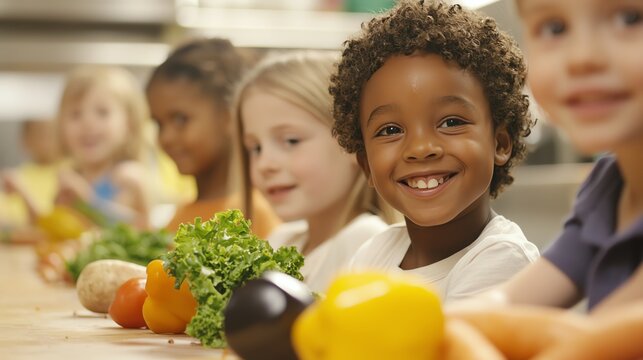 Diverse group of children in multicultural cooking class