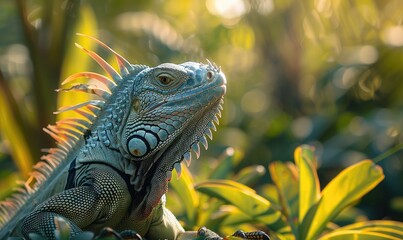 Obraz premium iguana on sunlit tree branch with natural forest view ai generated