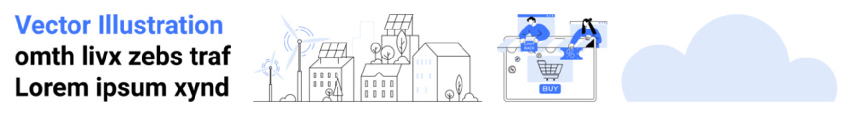 A smart city with wind turbines, solar panels, eco-friendly buildings, and people making an online purchase. Ideal for renewable energy, smart solutions, urban innovation, sustainability, e-commerce