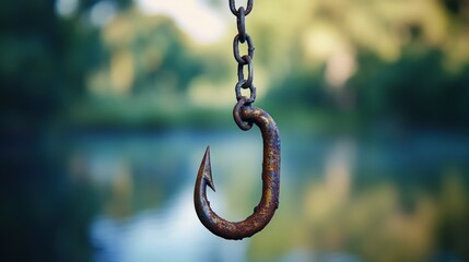 Obraz premium Rusty hook hanging from a chain near a tranquil water body