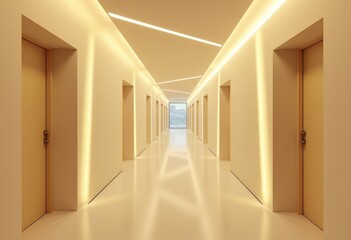 Fototapeta premium Geometric Lighting Patterns in a Modern Hotel Corridor: A Futuristic Space with Cream-Colored Walls and Warm LED Strip Lights for an Inviting Atmosphere