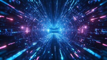 Naklejka premium futuristic brain wireframe, pulsing electric pathways, advanced neural interface, scattered light orbs, digital transmission lines, neon blue atmosphere, technological symmetry, data flow