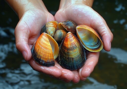 Close-Up of Freshwater Pearl Mussels Colorful Shells in Hands