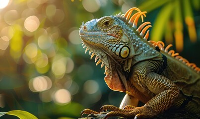 Fototapeta premium iguana on sunlit tree branch with natural forest view ai generated