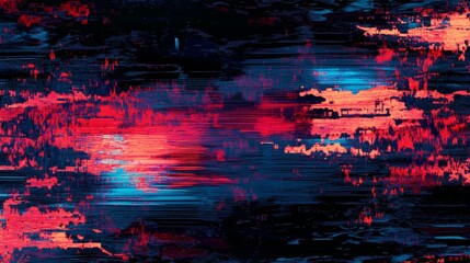 digital glitch pattern, static noise texture, neon blue red distortion, black void background, horizontal data corruption, pixel scatter effect, electronic interference pattern, cyberpunk chaos