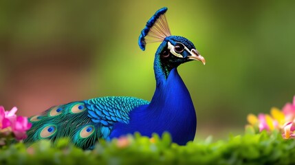 Fototapeta premium Peacock Perched on Branch, Vibrant Plumage Display in Garden Setting