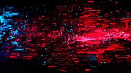 broken digital signal, scattered neon fragments, electric blue red chaos, dark void background, horizontal glitch lines, pixel corruption pattern, electronic distortion field, cyber noise aesthetic