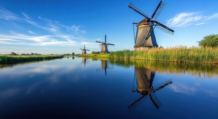 Scenic view of traditional windmills reflecting in calm water.