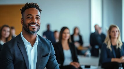 Engaging Business Leader Conducting Motivational Team Workshop in Modern Office